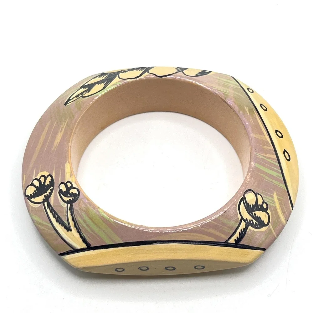 Vintage Lacquered Hand-Painted Floral Flower Mauve Purple Wood Bangle Bracelet